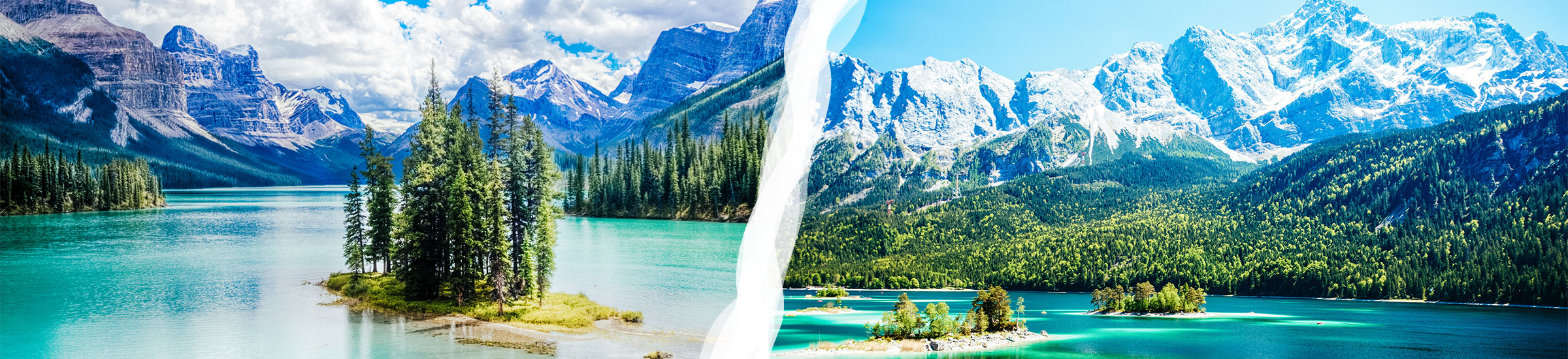 Zweigeteiltes Bilder mit weißem Trenner, links Maligne Lake in Kanada, rechts Eibsee in Bayern